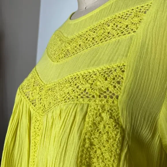 SCOOP Peasant Blouse Top w/ Crochet Trim Canary Yellow Boho Festival XS - Picture 9 of 12